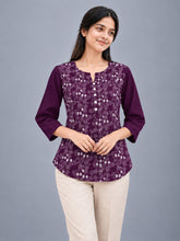 Women’s Purple Pure Cotton Floral Printed 3/4 Sleeve Kurti with Button Detail