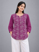 Women’s Magenta Pure Cotton Floral Printed 3/4 Sleeve Kurti with Front Button Detail