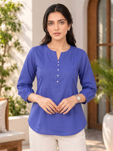 Women’s Royal Blue Rayon 3/4 Sleeve Button-Detail Top