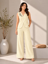 Women’s Cream Cotton Linen Sleeveless Embroidered Waistcoat and Wide-Leg Trouser Co-Ord Set