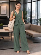Women’s Dark Green Cotton Linen Co-Ord Set with Embroidered Sleeveless Top and Wide-Leg Pants