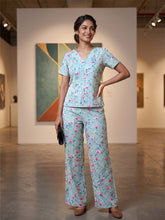 Women's Floral Printed Linen & Cotton Night Suit Co-ord Set | Half Sleeve Top & Full-Length Pyjama | Soft & Breathable Sleepwear