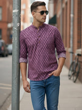 Vashuqi 100% Cotton Magenta Color Full Sleeve Chinese collar Cotton Printed Kurta For men and Boys.
