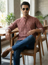 Vashuqi 100% Cotton Rust Color Full Sleeve Chinese collar Cotton Printed Kurta For men and Boys.