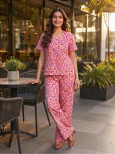 Women's Printed Linen & Cotton Night Suit Co-ord Set | Half Sleeve Top & Full-Length Pyjama | Soft & Breathable Sleepwear