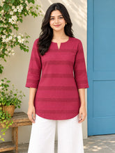 Women’s Pure Cotton Striped 3/4 Sleeve Casual Top with Notched Neckline