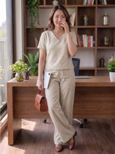 Women's Two Piece Set, Cream, V-Neck Top with Wide Leg Trousers, Short Sleeve