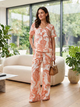 Women's Printed Linen & Cotton Night Suit Co-ord Set | Half Sleeve Top & Full-Length Pyjama | Soft & Breathable Loungewear