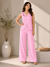 Women’s Pink Cotton Linen Co-Ord Set with Floral Embroidered Sleeveless V-Neck Top and Wide-Leg Trousers