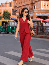 Women’s Red Cotton Linen Co-Ord Set with Floral Embroidered Sleeveless V-Neck Top and Wide-Leg Trousers