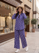 Women's Two Piece Set, Royal Blue, Shirts with Wide Leg Trousers, Full Sleeve