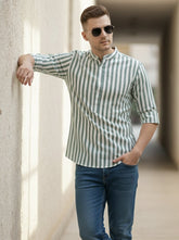 Mens Strip Full Sleeve Green Short Kurta