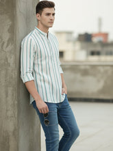 Mens Strip Full Sleeve Pista Color Short Kurta