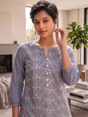 Women’s Blue Pure Cotton Embroidered Casual Kurti Top