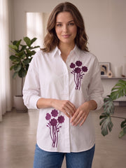 Women's Floral Embroidered Cotton Casual Shirt – White