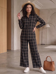 Women's Two Piece Set, Baby Black, Shirts with Wide Leg Trousers, Full Sleeve