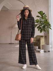 Women's Two Piece Set, Baby Black, Shirts with Wide Leg Trousers, Full Sleeve