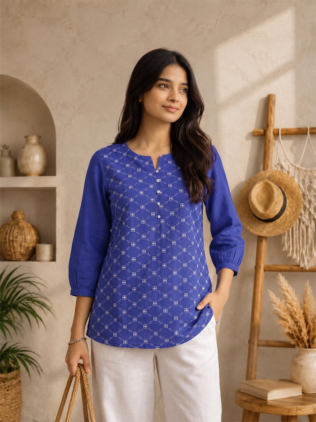 Women’s Pure Cotton Printed Top – Royal Blue 3/4 Sleeve Casual Tunic with Front Buttons