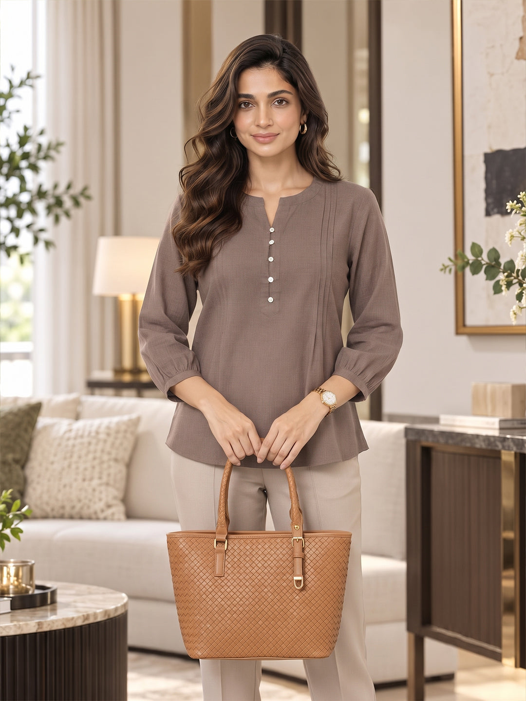 Women’s Brown Rayon 3/4 Sleeve Button-Detail Top