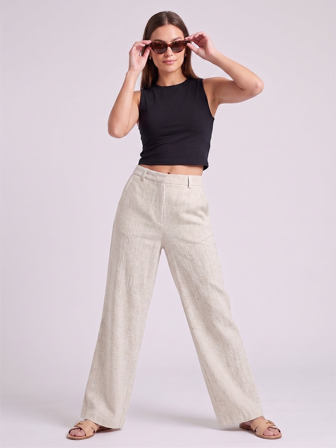 Vashuqi  Beige Color Trousers For Women And Girls