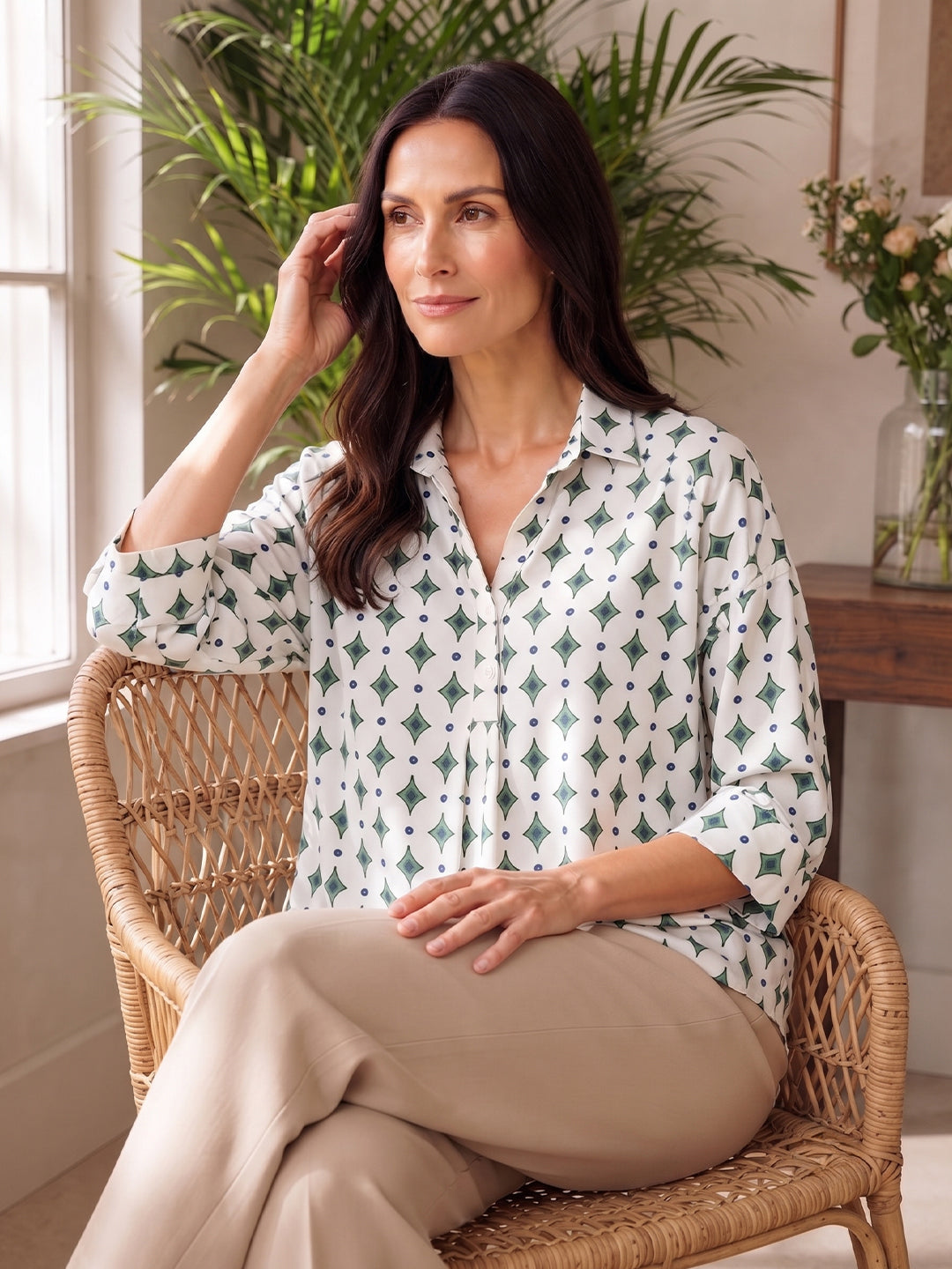 Women’s Pure Cotton Printed Top | 3/4 Sleeve Relaxed Fit Collared Casual & Office Wear Shirt