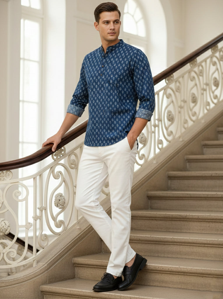 Vashuqi 100% Cotton Navy Blue Color Full Sleeve Chinese collar Cotton Printed Kurta For men and Boys.