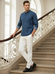 Vashuqi 100% Cotton Navy Blue Color Full Sleeve Chinese collar Cotton Printed Kurta For men and Boys.
