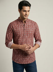 Vashuqi 100% Cotton  Rust Color Full Sleeve Chinese collar Cotton Printed Kurta For men and Boys.