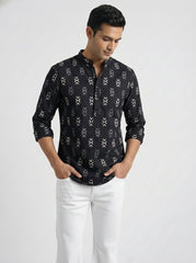 Vashuqi 100% Cotton Black Color Full Sleeve Chinese collar Cotton Printed Kurta For men and Boys.