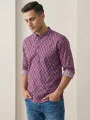 Vashuqi 100% Cotton Magenta Color Full Sleeve Chinese collar Cotton Printed Kurta For men and Boys.