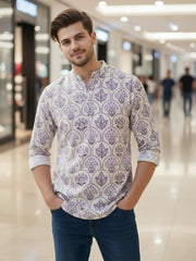 Vashuqi 100% Cotton White Color Full Sleeve Chinese collar Cotton Printed Kurta For men and Boys.