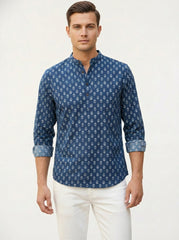 Vashuqi 100% Cotton Navy Blue Color Full Sleeve Chinese collar Cotton Printed Kurta For men and Boys.