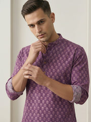 Vashuqi 100% Cotton Magenta Color Full Sleeve Chinese collar Cotton Printed Kurta For men and Boys.