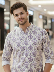Vashuqi 100% Cotton White Color Full Sleeve Chinese collar Cotton Printed Kurta For men and Boys.