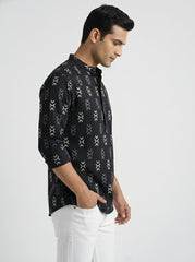 Vashuqi 100% Cotton Black Color Full Sleeve Chinese collar Cotton Printed Kurta For men and Boys.