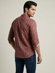 Vashuqi 100% Cotton  Rust Color Full Sleeve Chinese collar Cotton Printed Kurta For men and Boys.