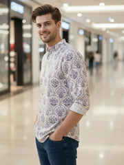 Vashuqi 100% Cotton White Color Full Sleeve Chinese collar Cotton Printed Kurta For men and Boys.