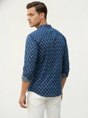 Vashuqi 100% Cotton Navy Blue Color Full Sleeve Chinese collar Cotton Printed Kurta For men and Boys.