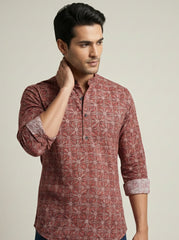 Vashuqi 100% Cotton  Rust Color Full Sleeve Chinese collar Cotton Printed Kurta For men and Boys.