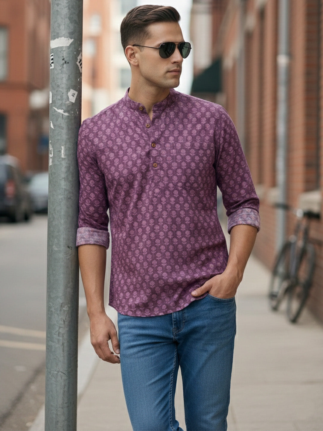 Vashuqi 100% Cotton Magenta Color Full Sleeve Chinese collar Cotton Printed Kurta For men and Boys.