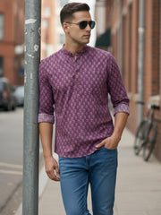 Vashuqi 100% Cotton Magenta Color Full Sleeve Chinese collar Cotton Printed Kurta For men and Boys.