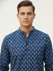 Vashuqi 100% Cotton Navy Blue Color Full Sleeve Chinese collar Cotton Printed Kurta For men and Boys.