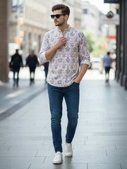 Vashuqi 100% Cotton White Color Full Sleeve Chinese collar Cotton Printed Kurta For men and Boys.