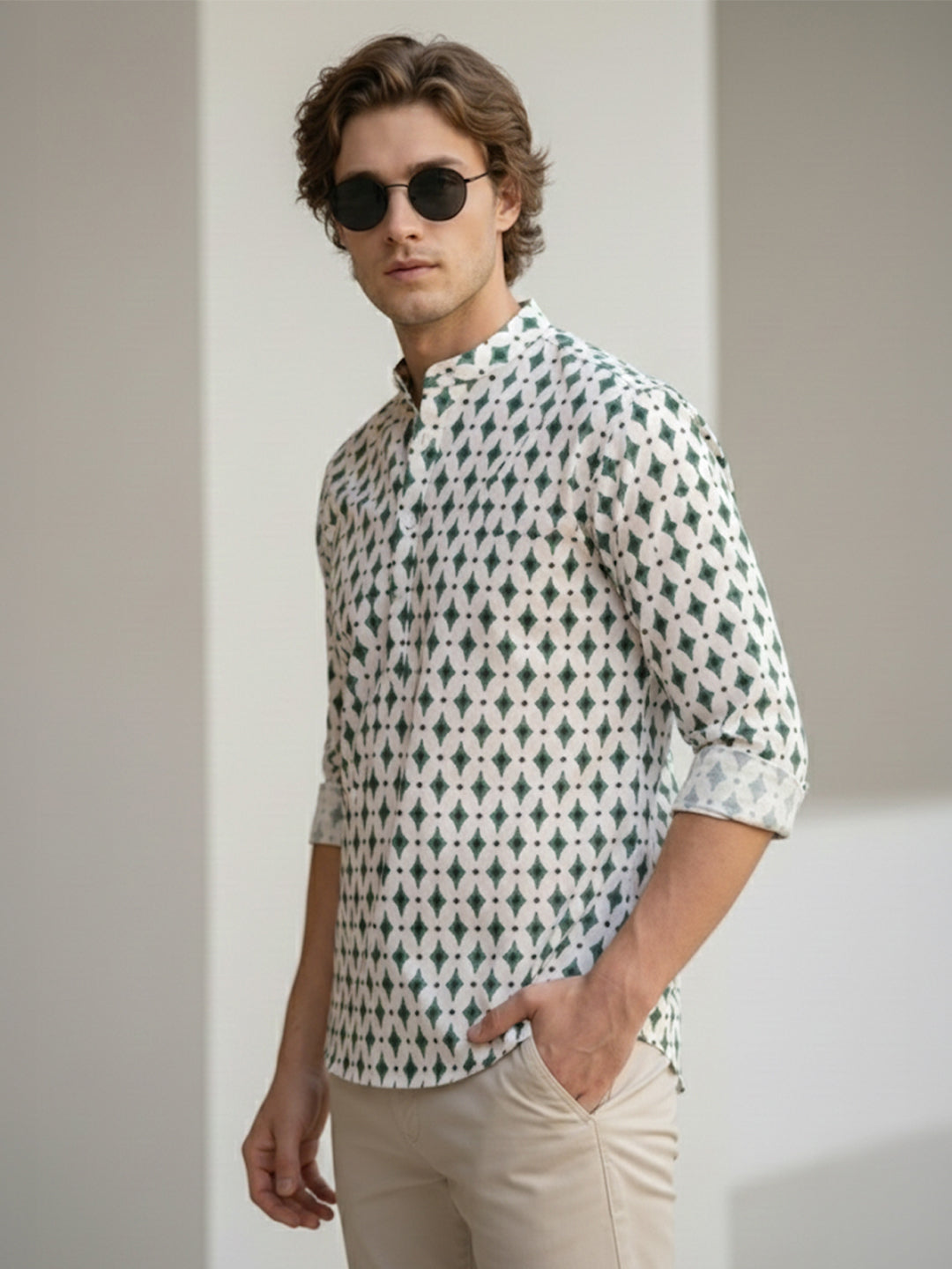 Vashuqi 100% Cotton Green Color Full Sleeve Chinese collar Cotton Printed Kurta For men and Boys.