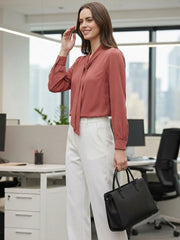Women's Elegant Tie-Neck Long Sleeve Crepe Blouse – Dusty Rose