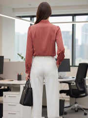 Women's Elegant Tie-Neck Long Sleeve Crepe Blouse – Dusty Rose