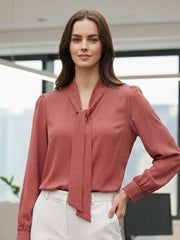Women's Elegant Tie-Neck Long Sleeve Crepe Blouse – Dusty Rose