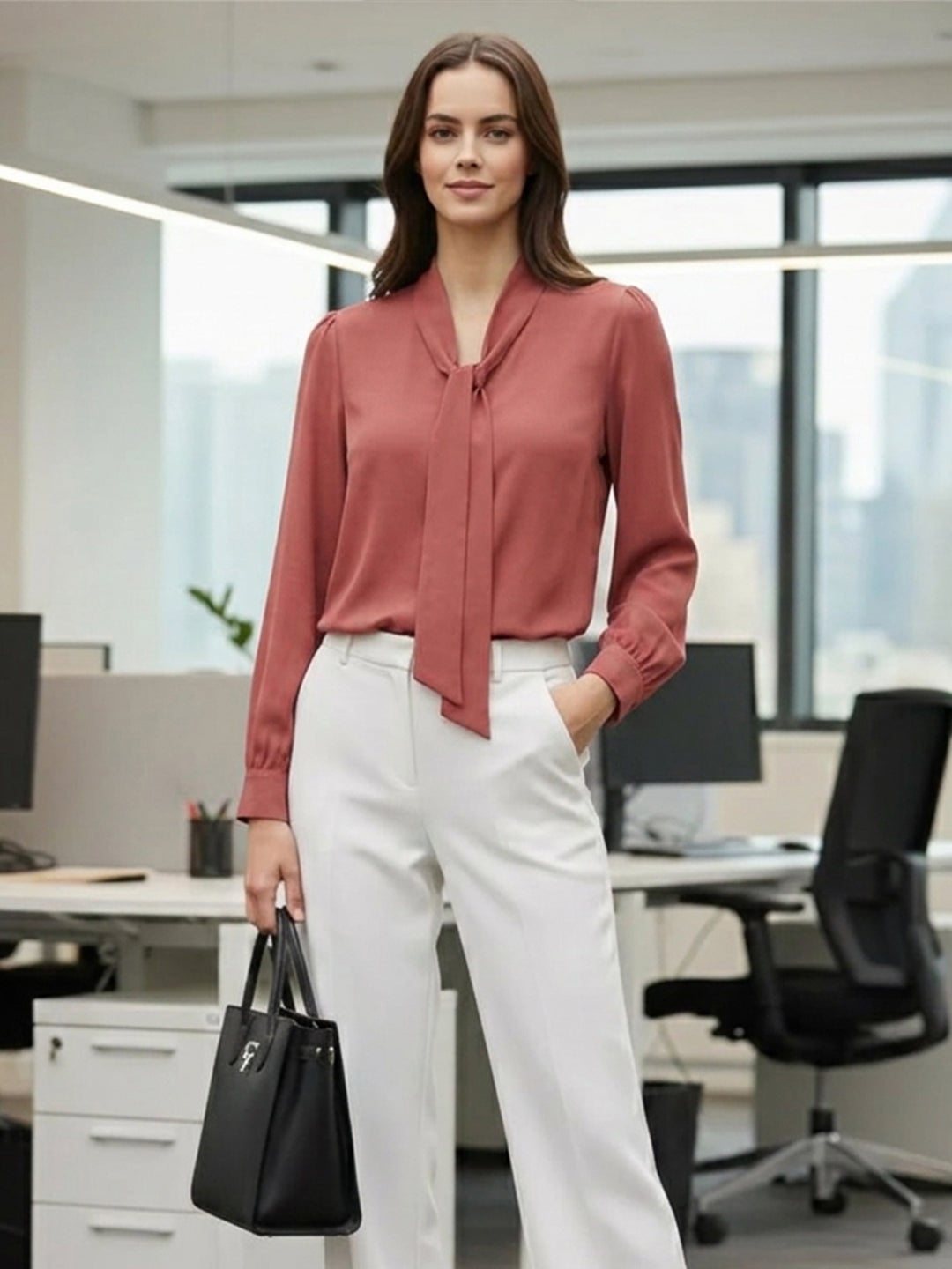 Women's Elegant Tie-Neck Long Sleeve Crepe Blouse – Dusty Rose