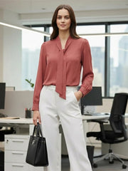 Women's Elegant Tie-Neck Long Sleeve Crepe Blouse – Dusty Rose