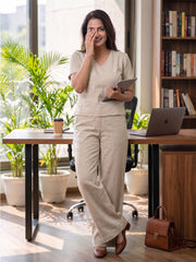 Women's Two Piece Set, Cream, V-Neck Top with Wide Leg Trousers, Short Sleeve